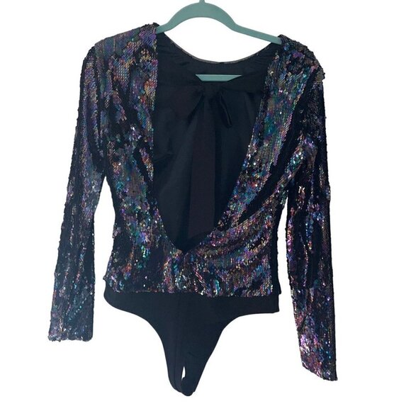 Parker Bodysuit Size Medium Black Cher Combo Sequins Embellished Petrol New - Picture 10 of 10